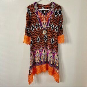 Women’s Orange Asymmetrical Laced Details Long Sleeve Tunic Dress
